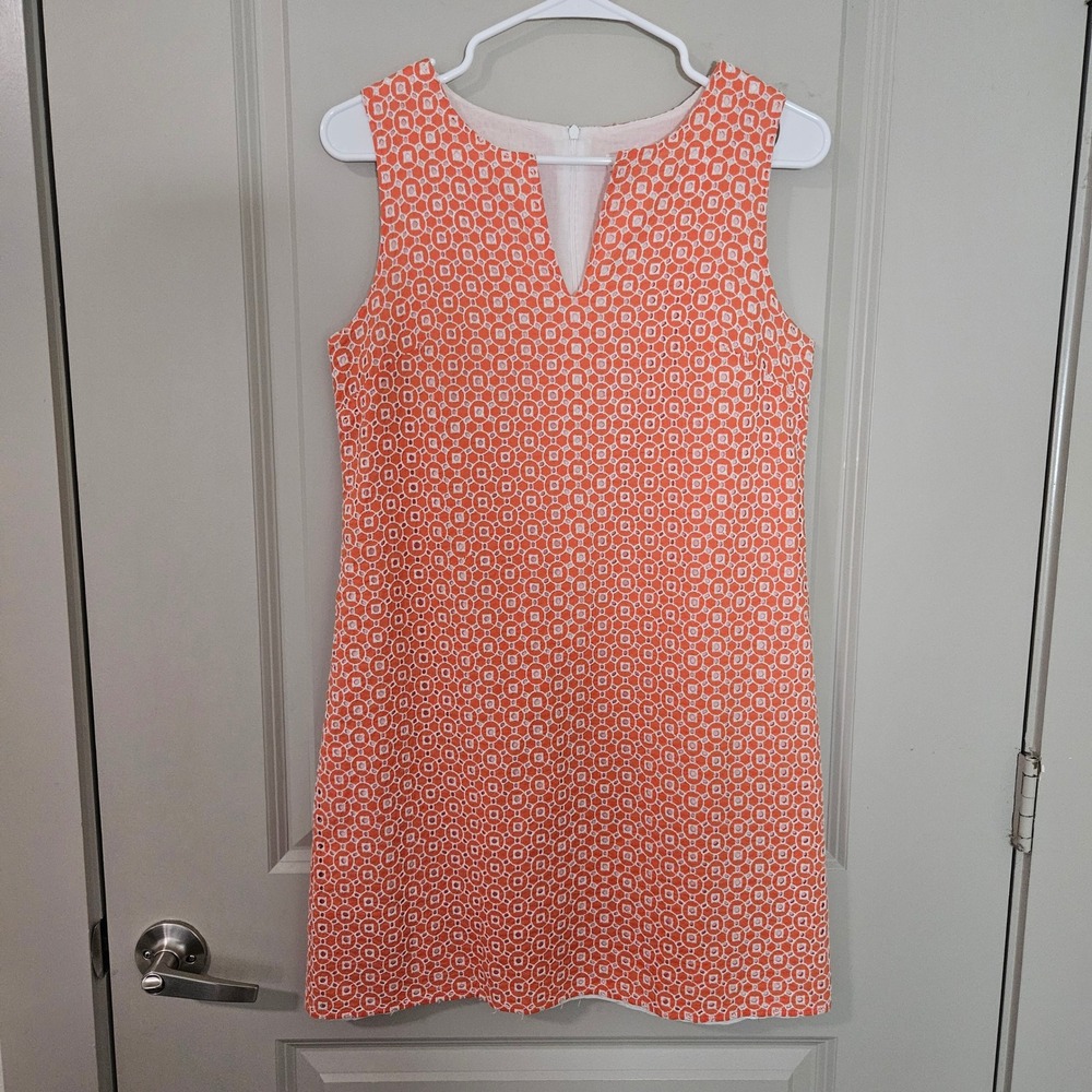 Jude Connally Orange White Eyelet Shift Dress Womens Small V-Neck Cotton Mini‎